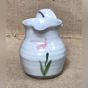 Vintage Off White Pink Flower Creamer Art Pottery Unique Handle Rustic Farmhouse